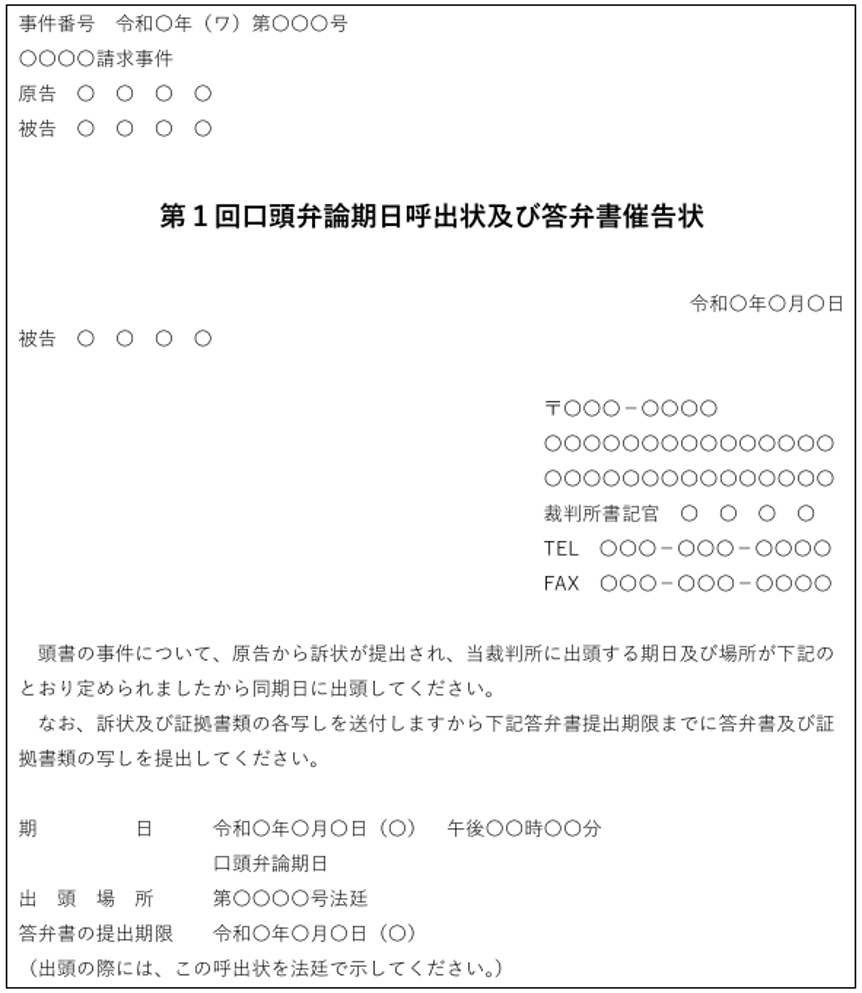第1回口頭弁論期日呼出状及び答弁書催告状