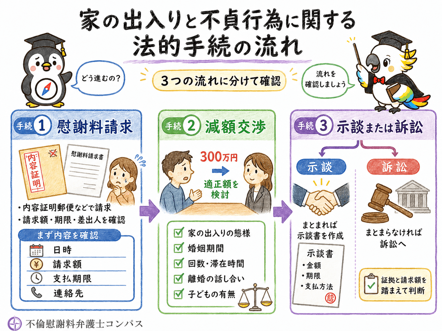 家の出入りと不貞行為に関する法的手続の流れ３つ