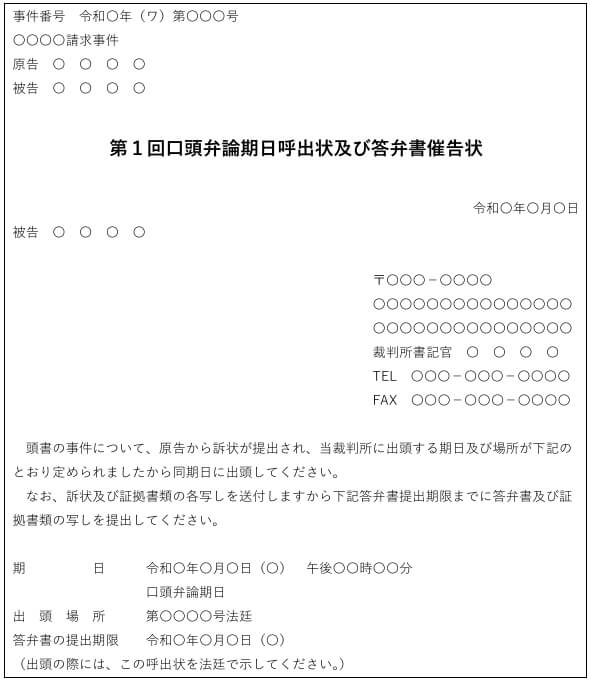 第１回口頭弁論期日呼出状及び答弁書催告状